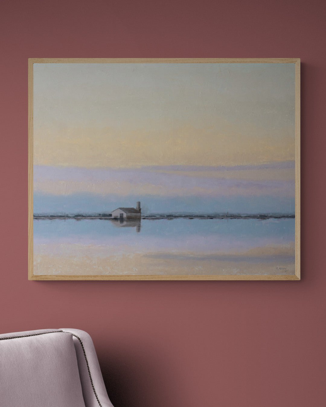 Calm, an original acrylic seascape painting by Rocío Arrupe, hanging on a wall