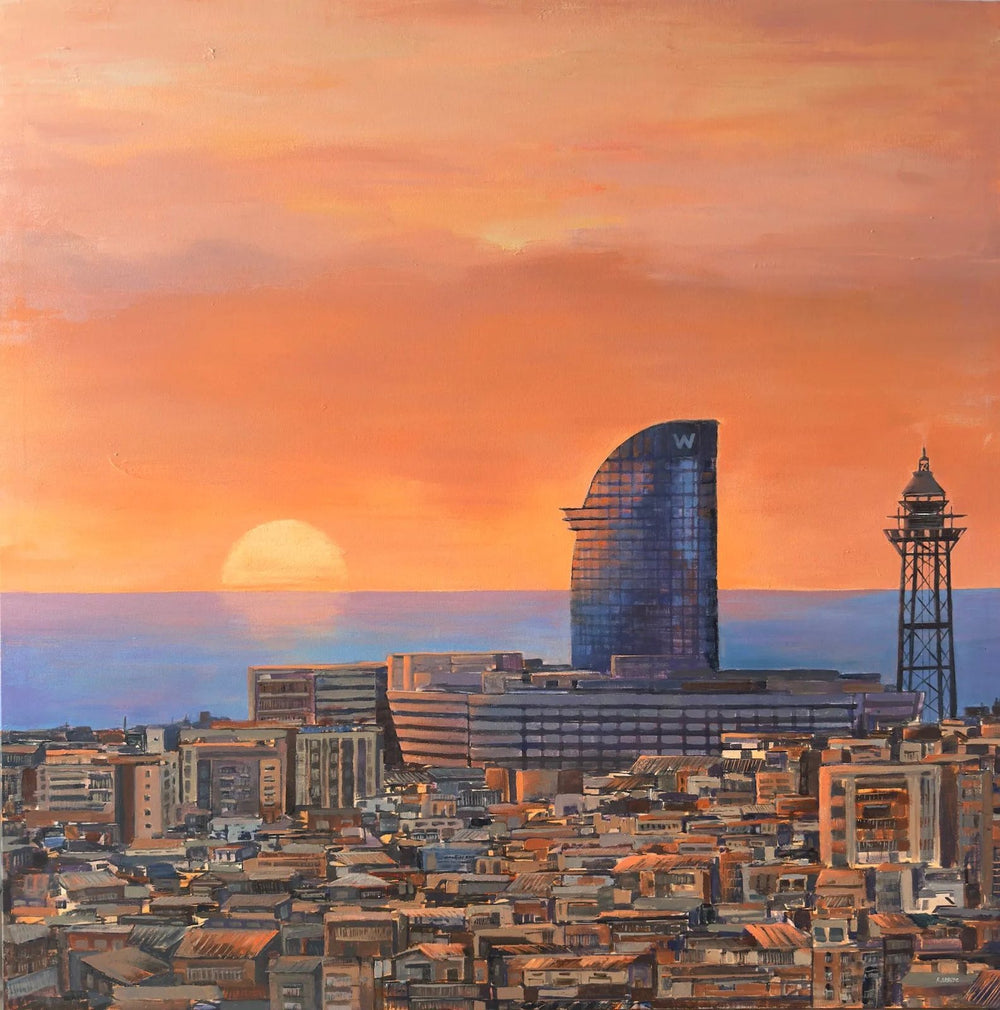 Cuadro personalizado de un atardecer en Barcelona con el Hotel W y el mar, acrílico sobre lienzo de 120 × 120 cm pintado a mano por Rocío Arrupe como regalo de aniversario