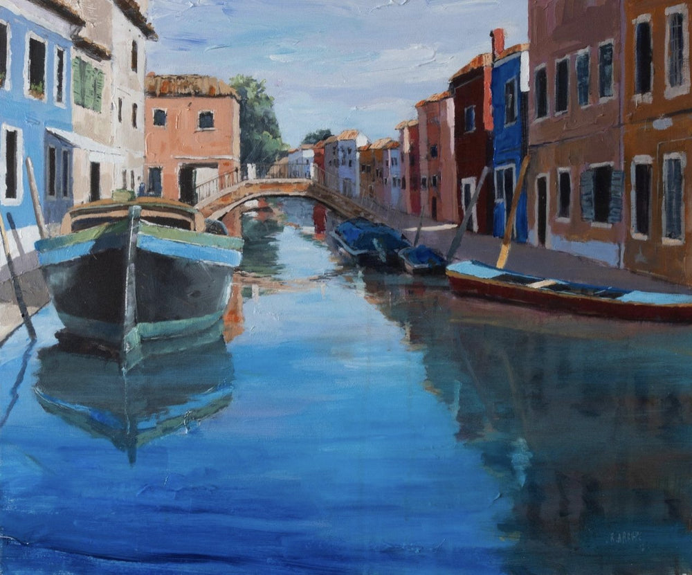 Cuadro personalizado de un canal de Burano (Venecia) con casas de colores y barcas, pintado a mano en acrílico sobre lienzo por Rocío Arrupe como regalo de Navidad